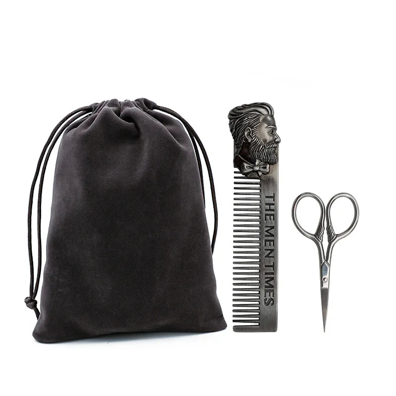 Kit Entretien Barbe 6-en-1 – Brosse, Peignes, Blaireau, Ciseaux & Sac Velours