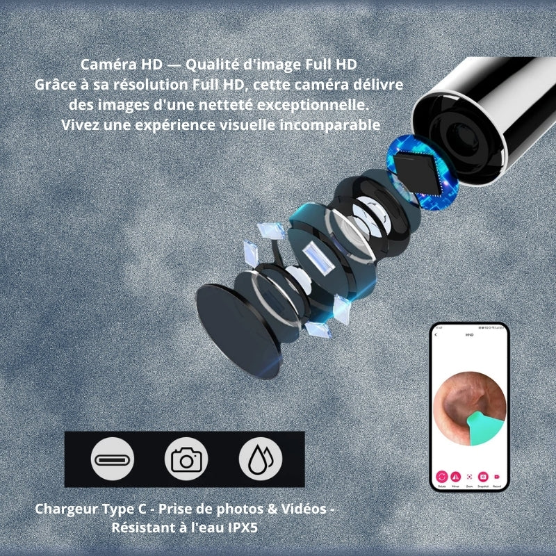 Nettoyeur d'Oreilles avec Caméra HD – Otoscope Endoscope Rechargeable USB-C