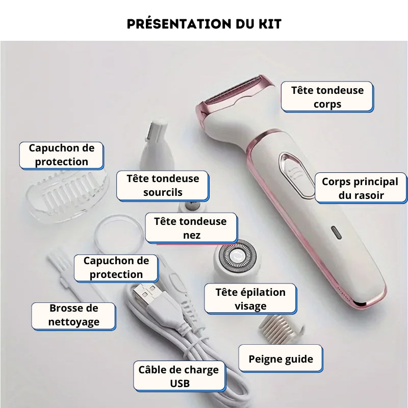 4-in-1 Multifunktions-Epiliererset für Damen | Augenbrauen, Nase, Gesicht, Beine & Bikinizone – USB wiederaufladbar