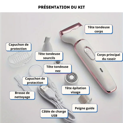 4-in-1 Multifunktions-Epiliererset für Damen | Augenbrauen, Nase, Gesicht, Beine & Bikinizone – USB wiederaufladbar