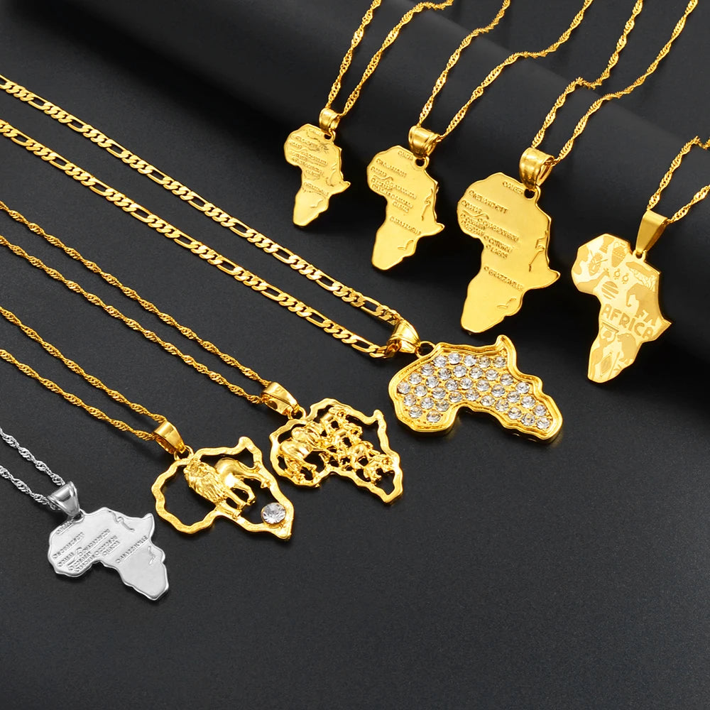 Collier Pendentif Carte d'Afrique – Femme & Homme, Or/Argent, Style Hip-Hop | Anniyo