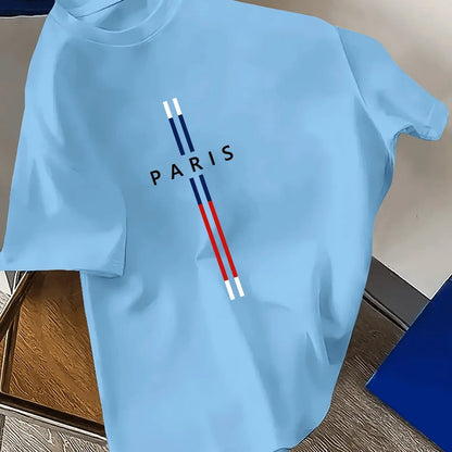 T-Shirt Homme 100% Coton – Imprimé PARIS, Coupe Ample Grande Taille, Col Rond Manches Courtes