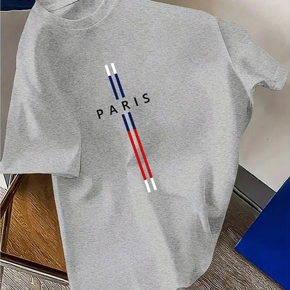T-Shirt Homme 100% Coton – Imprimé PARIS, Coupe Ample Grande Taille, Col Rond Manches Courtes