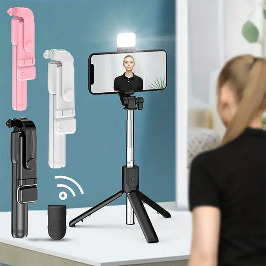Perche à Selfie Bluetooth Portable avec Trépied, Télécommande et Lumière de Remplissage