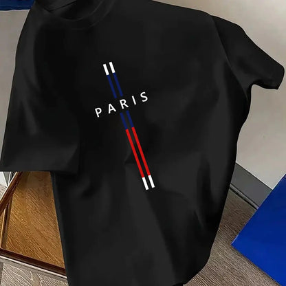 T-Shirt Homme 100% Coton – Imprimé PARIS, Coupe Ample Grande Taille, Col Rond Manches Courtes