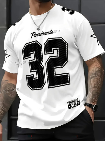 T-Shirt Homme Manches Courtes Col Rond – Imprimé NO.32 Style Américain Vintage Basketball