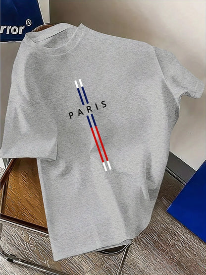 T-Shirt Homme 100% Coton – Imprimé PARIS, Coupe Ample Grande Taille, Col Rond Manches Courtes