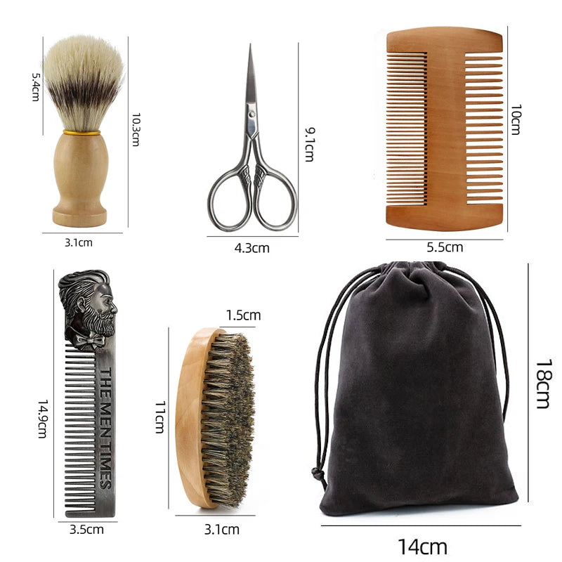Kit Entretien Barbe 6-en-1 – Brosse, Peignes, Blaireau, Ciseaux & Sac Velours