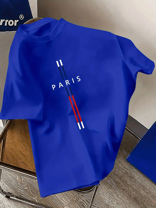 T-Shirt Homme 100% Coton – Imprimé PARIS, Coupe Ample Grande Taille, Col Rond Manches Courtes