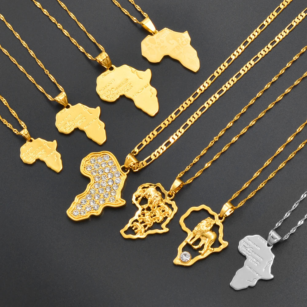Collier Pendentif Carte d'Afrique – Femme & Homme, Or/Argent, Style Hip-Hop | Anniyo