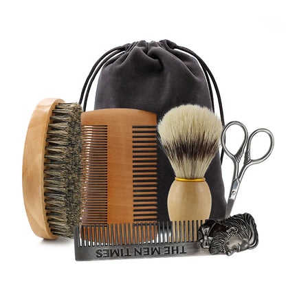 Kit Entretien Barbe 6-en-1 – Brosse, Peignes, Blaireau, Ciseaux & Sac Velours