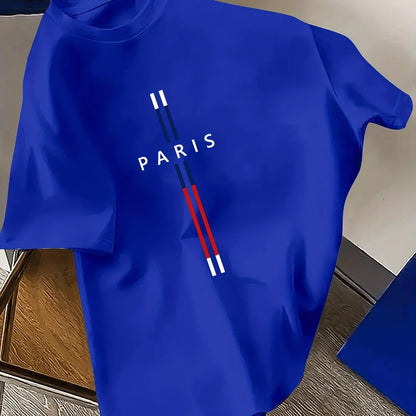 T-Shirt Homme 100% Coton – Imprimé PARIS, Coupe Ample Grande Taille, Col Rond Manches Courtes