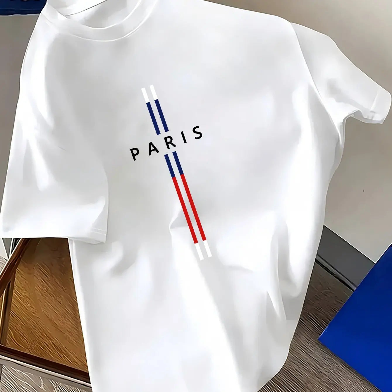 T-Shirt Homme 100% Coton – Imprimé PARIS, Coupe Ample Grande Taille, Col Rond Manches Courtes