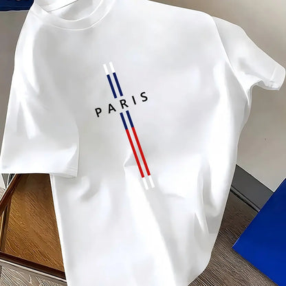 T-Shirt Homme 100% Coton – Imprimé PARIS, Coupe Ample Grande Taille, Col Rond Manches Courtes