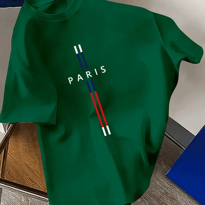 T-Shirt Homme 100% Coton – Imprimé PARIS, Coupe Ample Grande Taille, Col Rond Manches Courtes