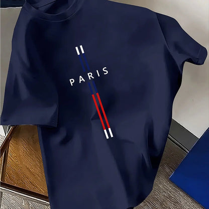 T-Shirt Homme 100% Coton – Imprimé PARIS, Coupe Ample Grande Taille, Col Rond Manches Courtes