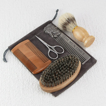 Kit Entretien Barbe 6-en-1 – Brosse, Peignes, Blaireau, Ciseaux & Sac Velours