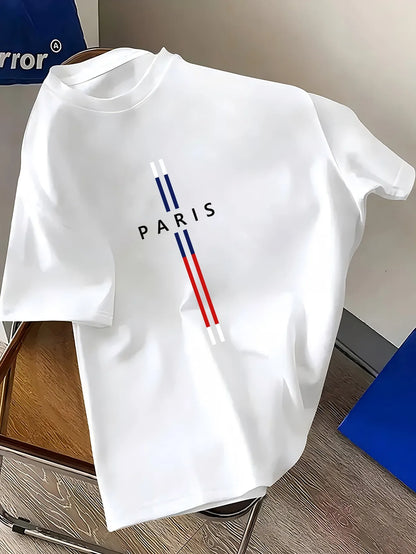 T-Shirt Homme 100% Coton – Imprimé PARIS, Coupe Ample Grande Taille, Col Rond Manches Courtes