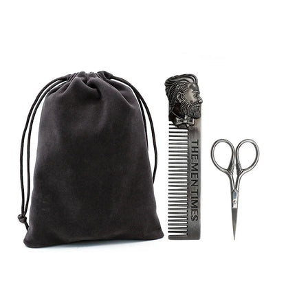 Kit Entretien Barbe 6-en-1 – Brosse, Peignes, Blaireau, Ciseaux & Sac Velours