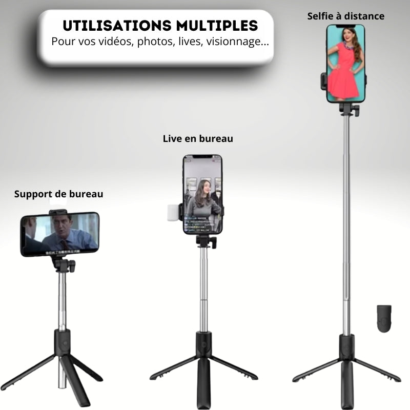 Perche à Selfie Bluetooth Portable avec Trépied, Télécommande et Lumière de Remplissage
