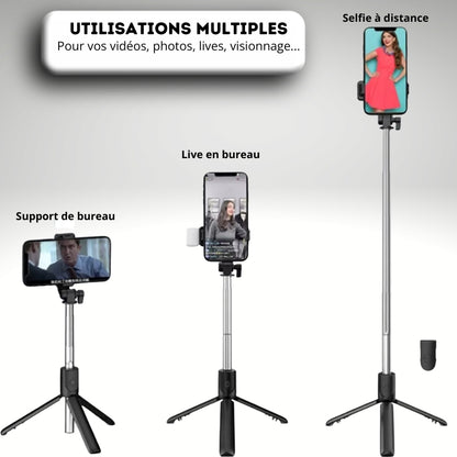 Perche à Selfie Bluetooth Portable avec Trépied, Télécommande et Lumière de Remplissage