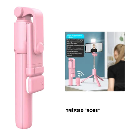 Perche à Selfie Bluetooth Portable avec Trépied, Télécommande et Lumière de Remplissage